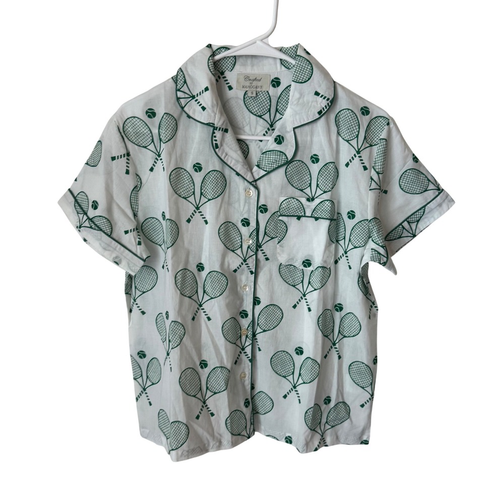 Crafted by Mahogany Womens Tennis‎ Racket Print Pajama Top White Green Small